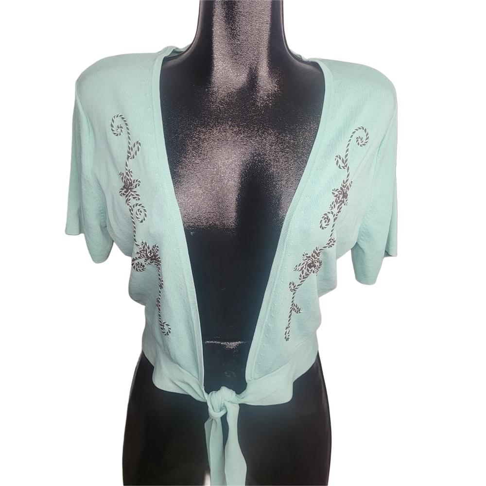 Jessica Mint Green Tie-Front Cardigan Bolero With Floral Stitch Details Size 12